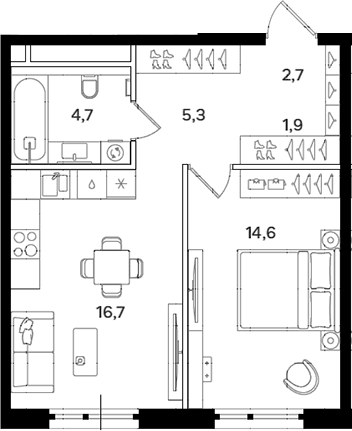 Планировка: 1-комнатная квартира 45,9 м² в ЖК «Мангазея на Речном»