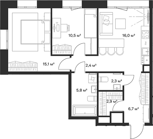 Планировка: Евротрёшка 61,7 м² в ЖК «Союз»