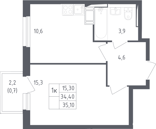 Планировка: 1-комнатная квартира 34,4 м² в ЖК «Мытищи Парк»