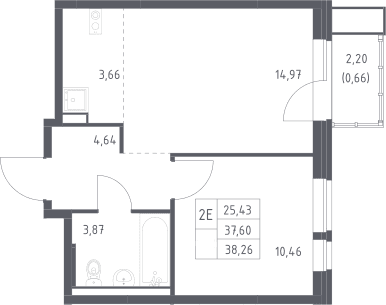 Планировка: Евродвушка 37,6 м² в ЖК «Квартал Авиаторов»