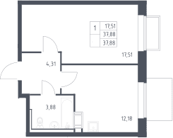 Планировка: 1-комнатная квартира 37,9 м² в ЖК «Томилино Парк»