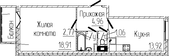 Планировка: 1-комнатная квартира 41,6 м² в ЖК «Сертолово Парк»