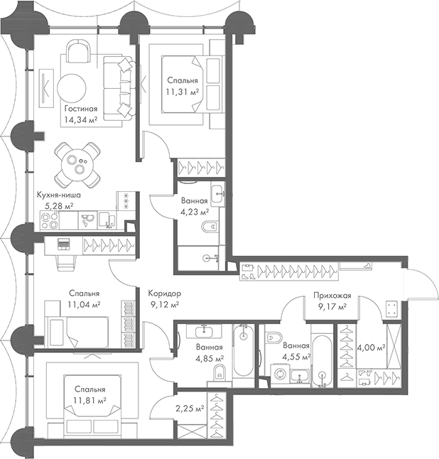 Планировка: Квартира евро-4 92 м² в ЖК «МИРА»