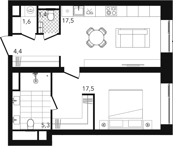 Планировка: Евродвушка 47,7 м² в ЖК «Репаблик»