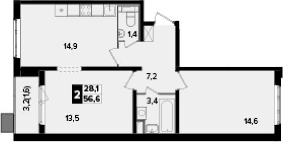 Планировка: 2-комнатная квартира 55 м² в ЖК «Южная Битца»