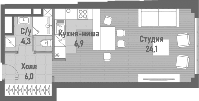 Планировка: Студия 41,3 м² в ЖК «Ренессанс»
