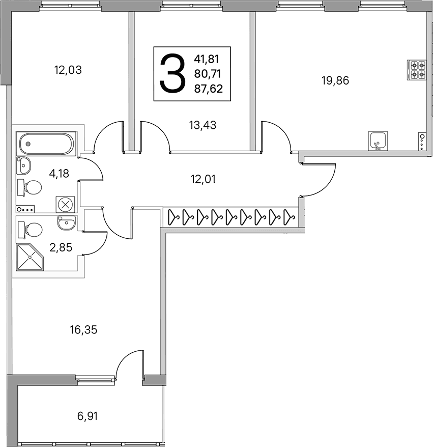 Планировка: Квартира евро-4 80,7 м² в ЖК «Любоград в Стрельне»