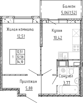Планировка: 1-комнатная квартира 32,1 м² в ЖК «Аквилон Stories»