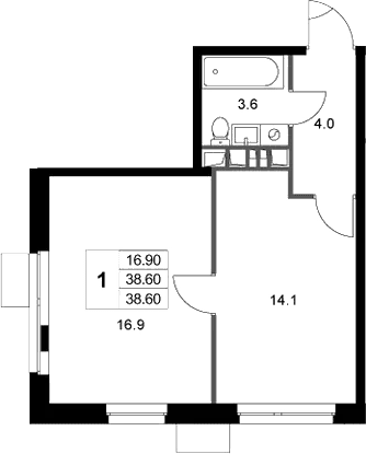 Планировка: 1-комнатная квартира 38,6 м² в ЖК «Легенда Марусино»