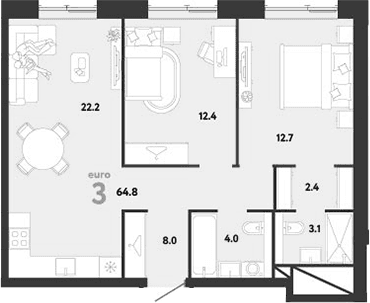 Планировка: Евротрёшка 64,8 м² в ЖК «Страна.Заречная»