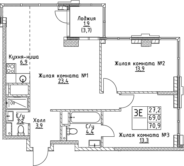 Планировка: Евротрёшка 69 м² в ЖК «ВЭРИ на Миклухо-Маклая»