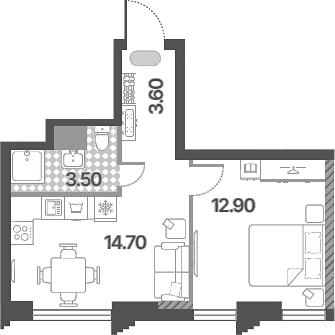 Планировка: Евродвушка 34,7 м² в ЖК «Обручева 30»