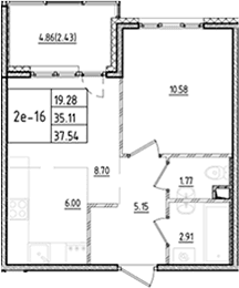 Планировка: Евродвушка 35,1 м² в ЖК «ЛесАрт»