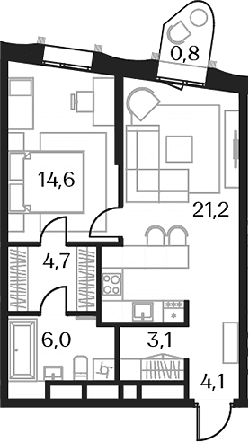 Планировка: Евродвушка 53,7 м² в ЖК «Союз»
