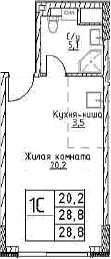 Планировка: Студия 28,8 м² в ЖК «Наметкин Тауэр»