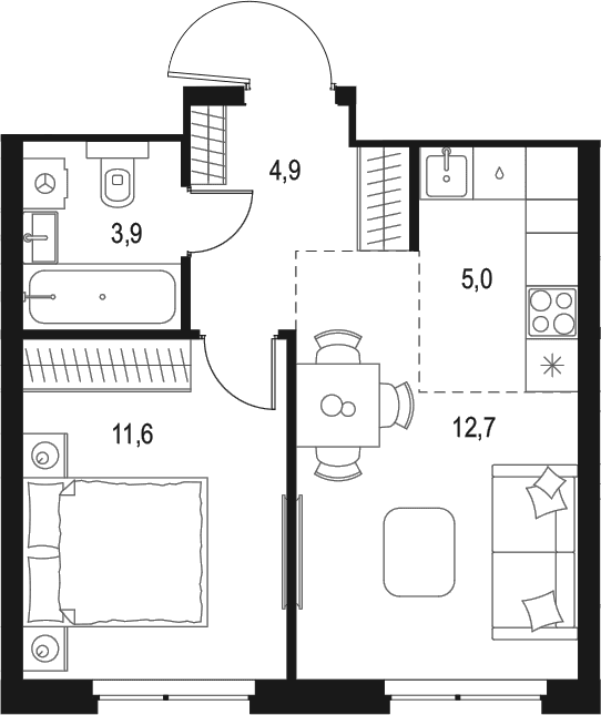 Планировка: Евродвушка 38,1 м² в ЖК «Левел Мичуринский»