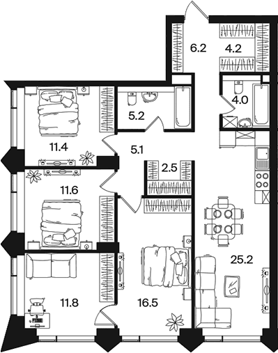 Планировка: Квартира евро-5 103,7 м² в ЖК «РАКУРС»