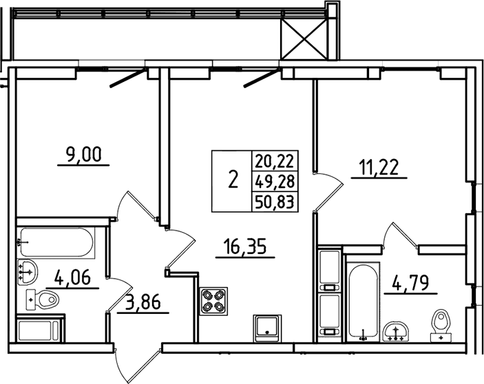 Планировка: Евротрёшка 49,3 м² в ЖК «Южный Форт»