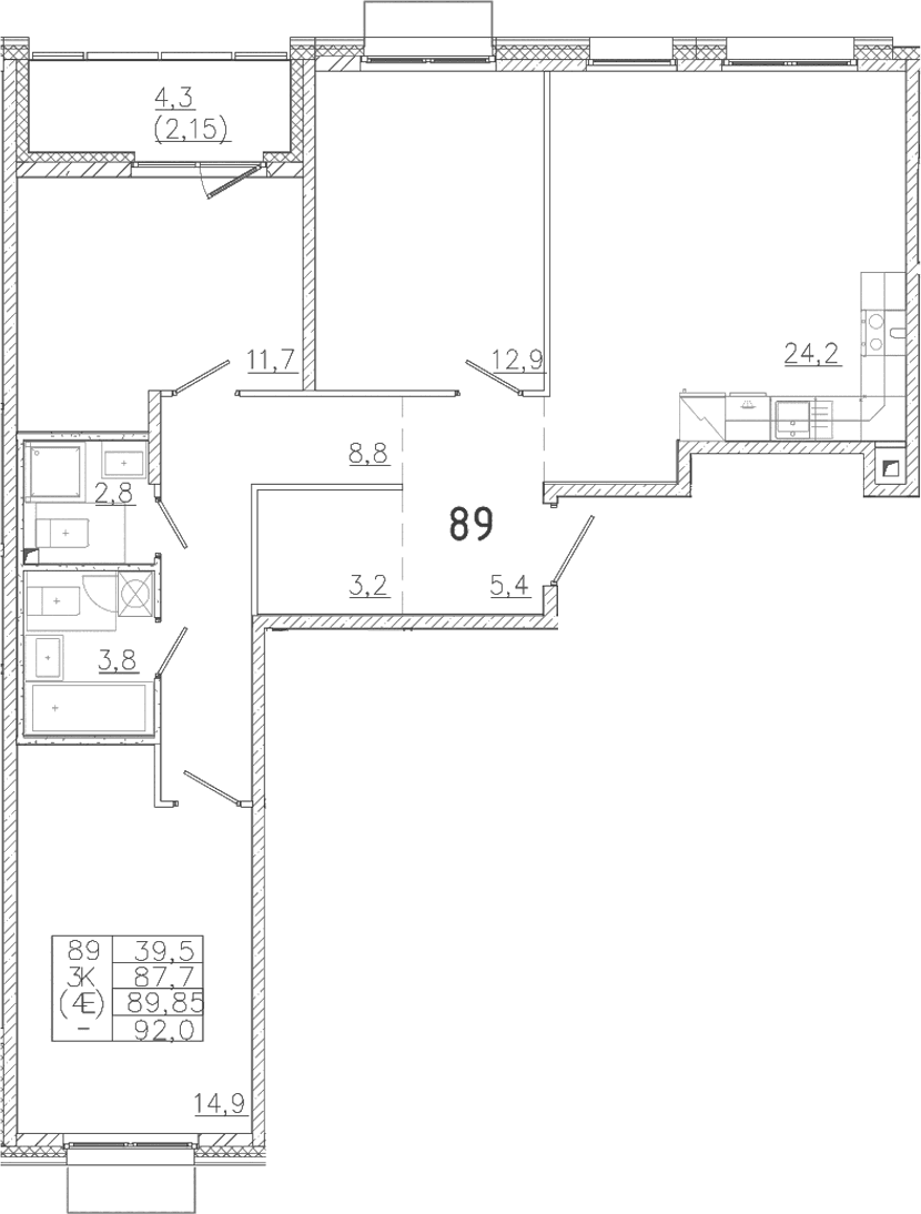 Планировка: Квартира евро-4 87,7 м² в ЖК «Лисино»