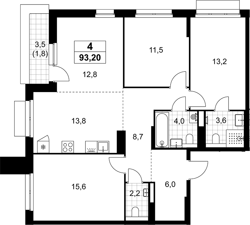 Планировка: Квартира евро-4 91,4 м² в ЖК «Деснаречье»
