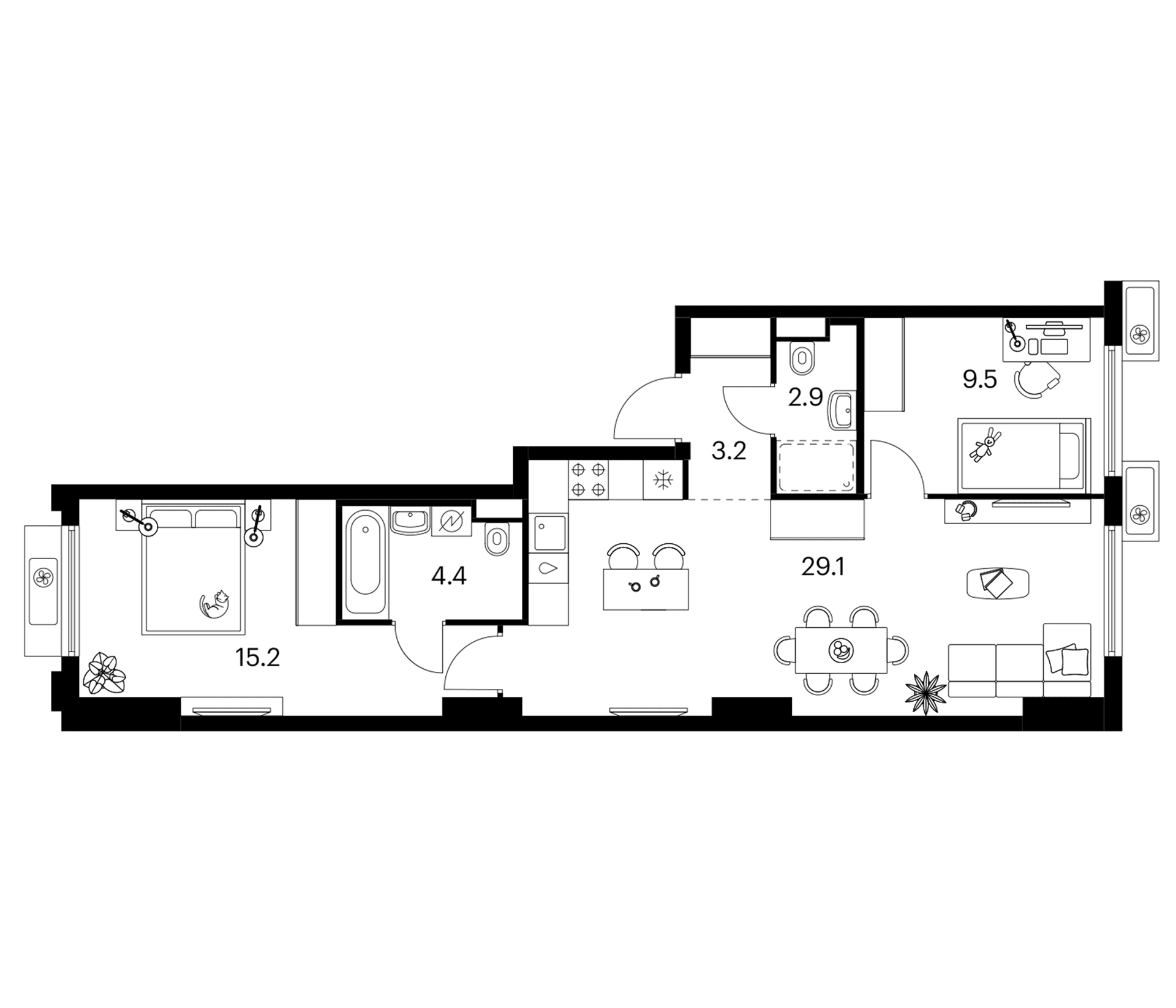 Планировка: 2-комнатная квартира 64,3 м² в ЖК «Белая Дача парк»