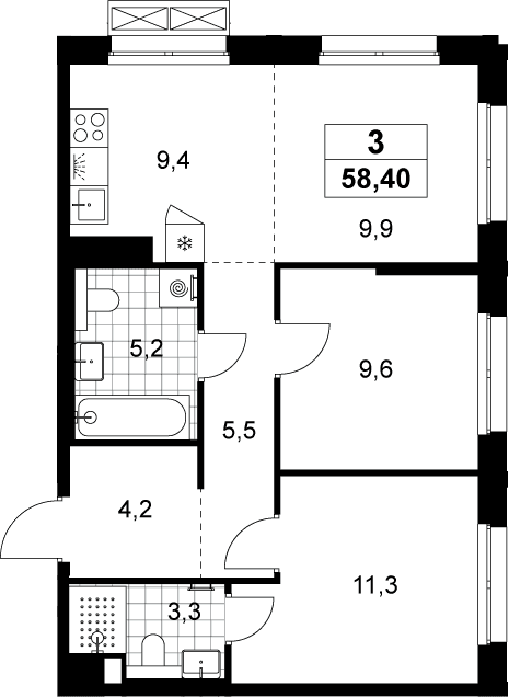 Планировка: Евротрёшка 58,4 м² в ЖК «Хольм»