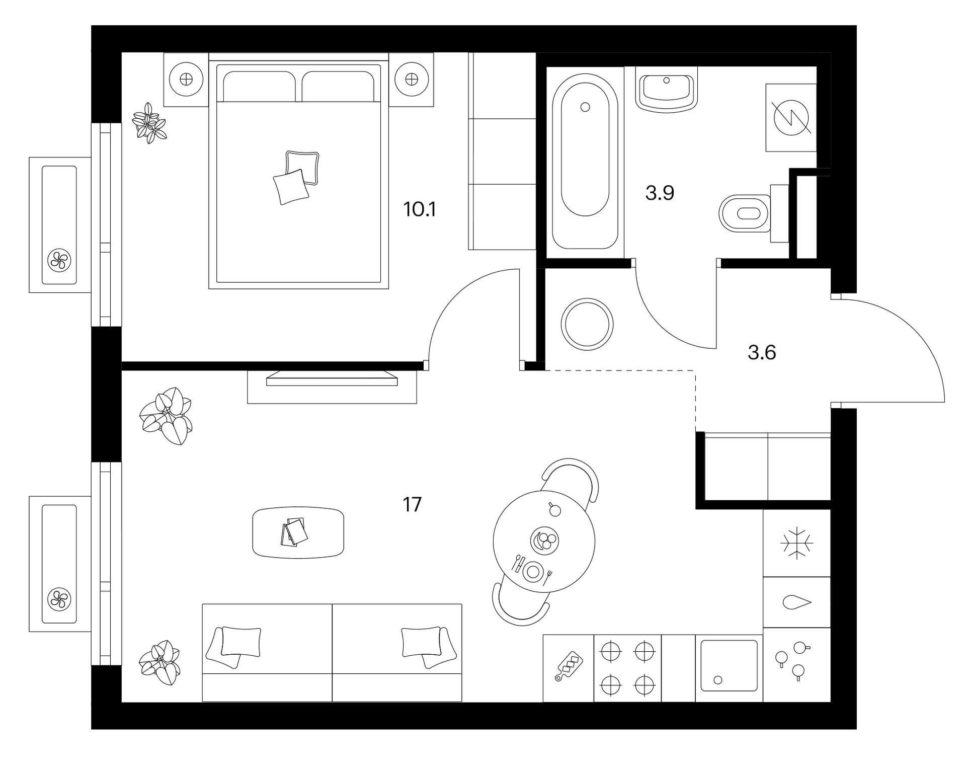 Планировка: 1-комнатная квартира 34,6 м² в ЖК «Белая Дача парк»