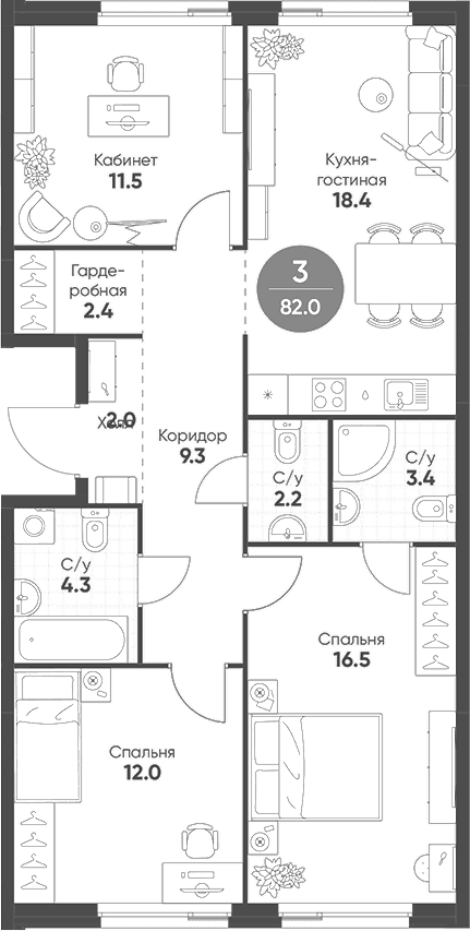 Планировка: Квартира евро-4 82 м² в ЖК «Шагал»