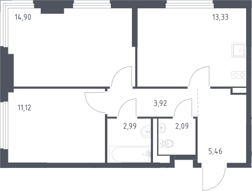 Планировка: 2-комнатная квартира 53,8 м² в ЖК «Пригород Лесное»