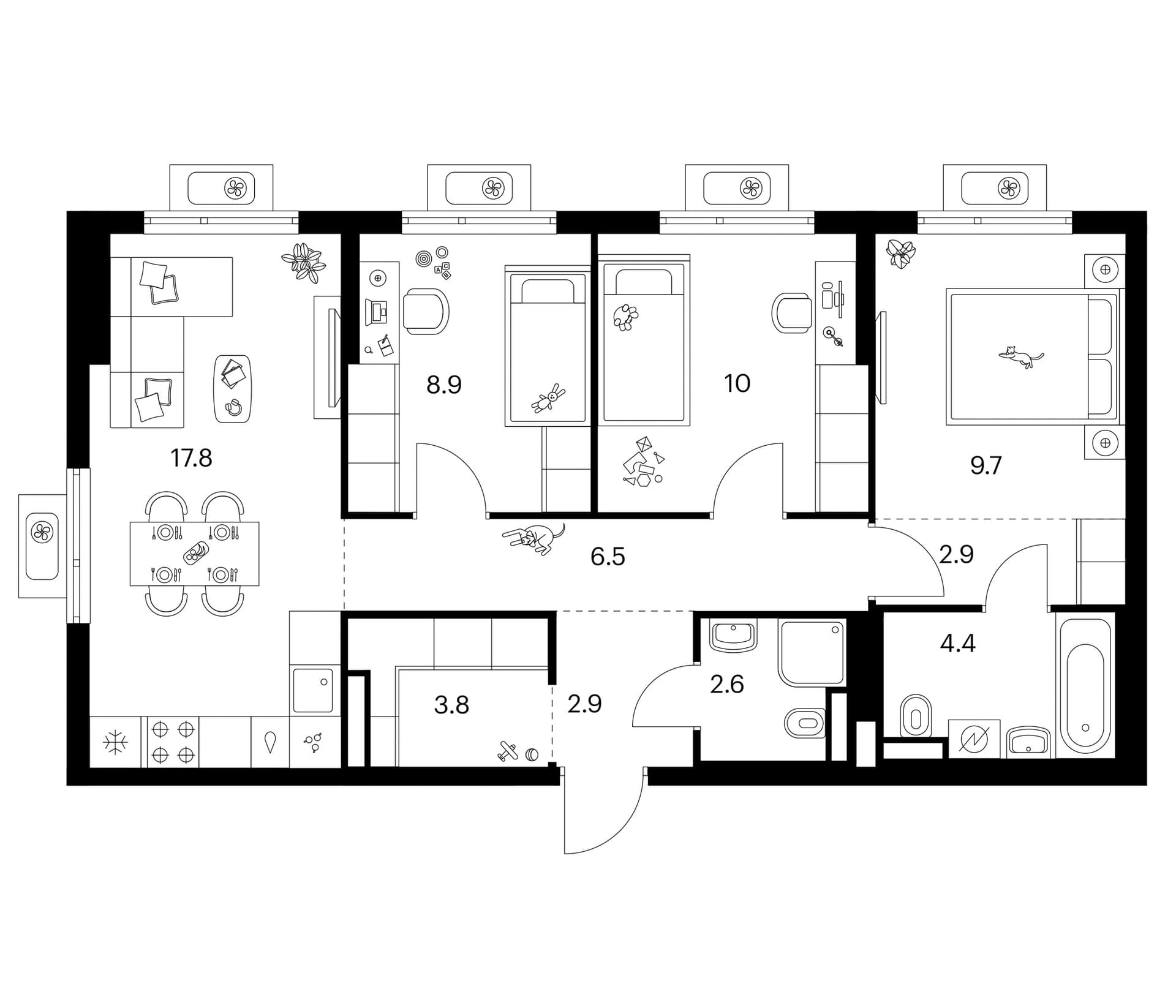 Планировка: 3-комнатная квартира 69,5 м² в ЖК «Белая Дача парк»