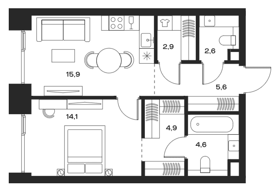 Планировка: Евродвушка 50,6 м² в ЖК «СОУЛ»