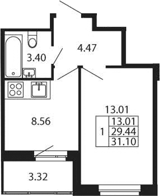 Планировка: 1-комнатная квартира 29,4 м² в ЖК «Полис Новоселье»