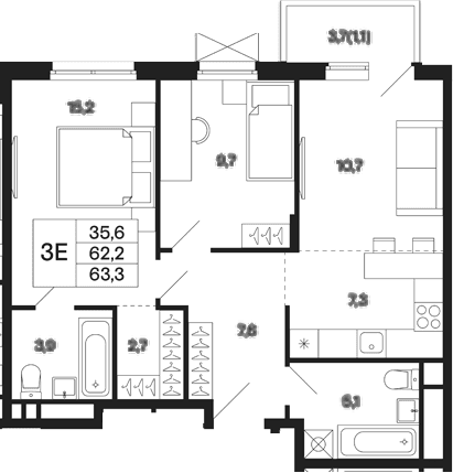 Планировка: Евротрёшка 62,2 м² в ЖК «Базаева 11»