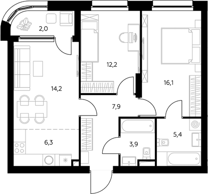Планировка: Евротрёшка 66,6 м² в ЖК «Адмирал»