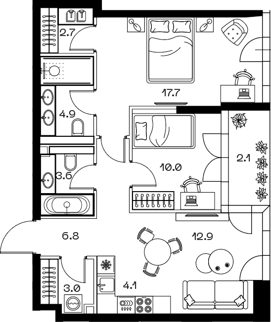 Планировка: Евротрёшка 65,8 м² в ЖК «SHIFT»