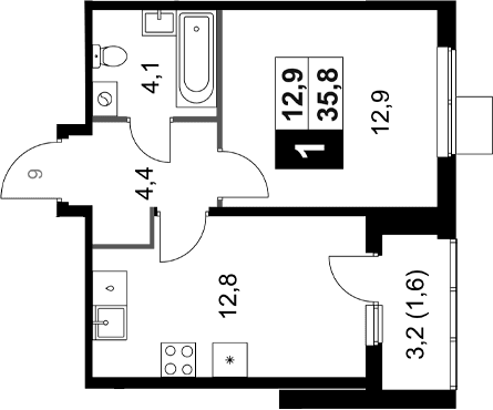 Планировка: 1-комнатная квартира 34,2 м² в ЖК «1-й Ясеневский»