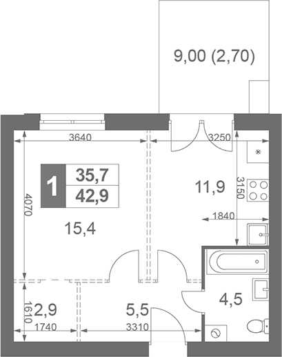 Планировка: 1-комнатная квартира 40,2 м² в ЖК «Дубровицы Клаб»