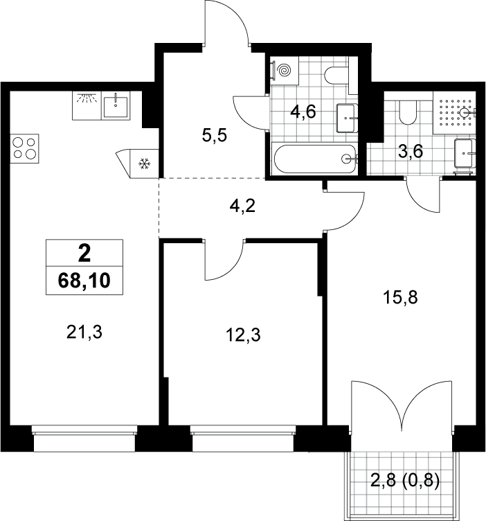 Планировка: Евротрёшка 67,3 м² в ЖК «Хольм»