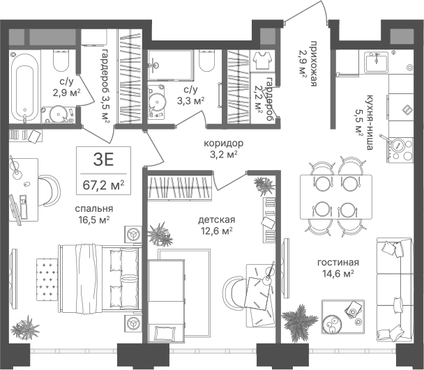 Планировка: Евротрёшка 67,2 м² в ЖК «Михалковский»