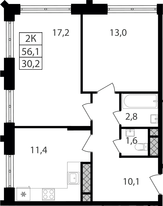 Планировка: 2-комнатная квартира 56,1 м² в ЖК «Варшавские ворота»