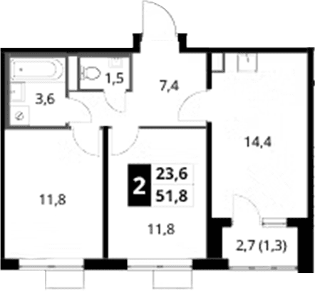 Планировка: 2-комнатная квартира 50,5 м² в ЖК «1-й Донской»