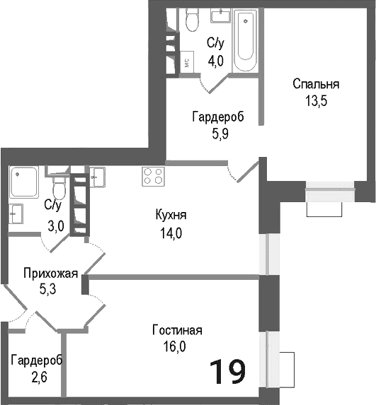 Планировка: 2-комнатная квартира 64,3 м² в ЖК «Киноквартал»
