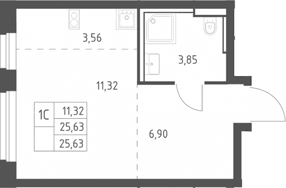 Планировка: Студия 25,6 м² в ЖК «Квартал Строгино»