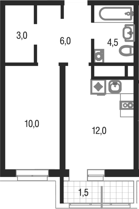 Планировка: 1-комнатная квартира 35,5 м² в ЖК «Котельники парк»