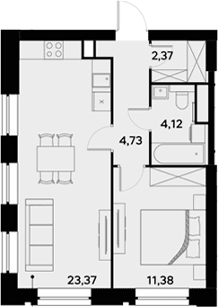 Планировка: Евродвушка 46 м² в ЖК «УЛЬТИМА Сити»