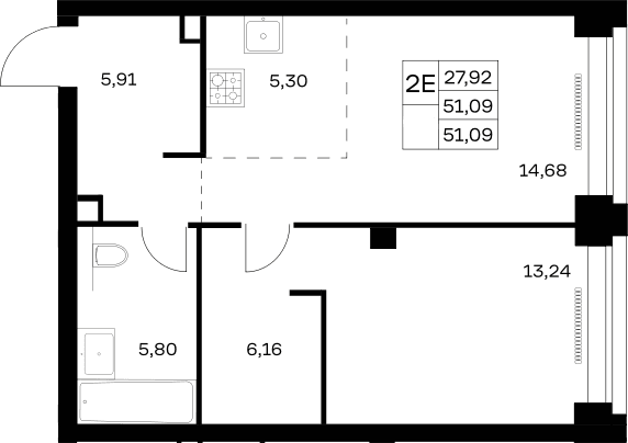 Планировка: Евродвушка 51,1 м² в ЖК «НОВА»