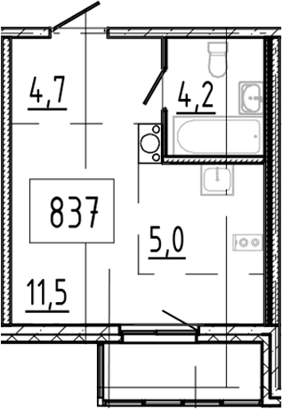 Планировка: Студия 25,4 м² в ЖК «Клюква.Парк»