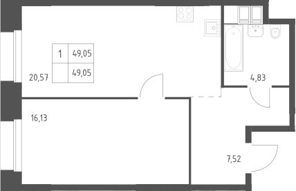 Планировка: 1-комнатная квартира 49,1 м² в ЖК «Тропарево Парк»