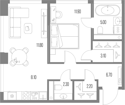 Планировка: 1-комнатная квартира 51,1 м² в ЖК «Северный Порт»