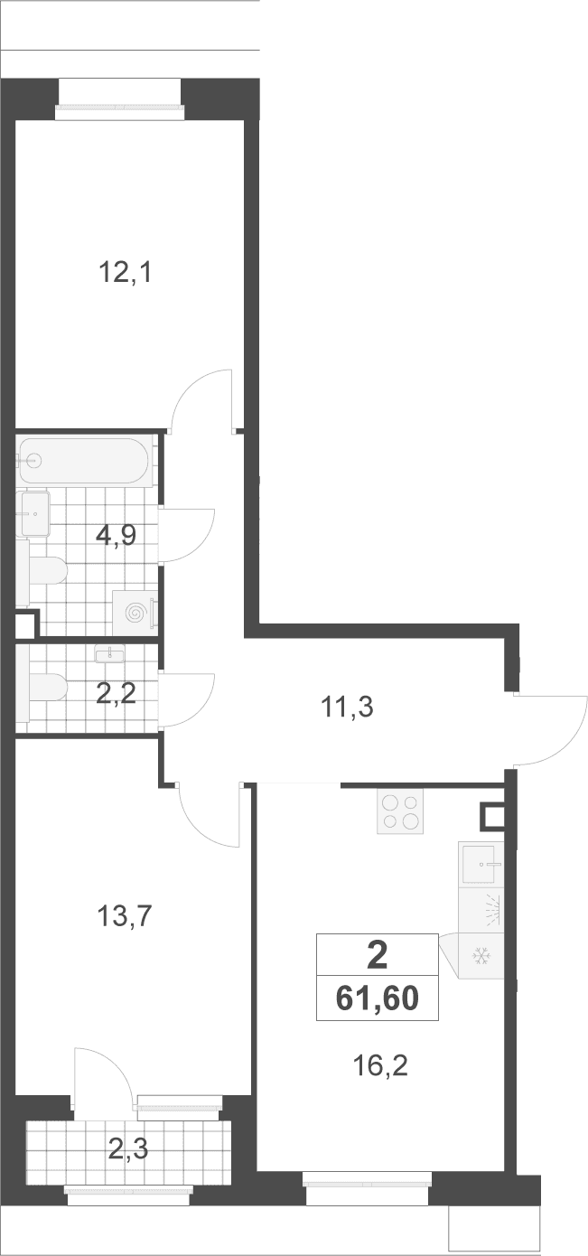 Планировка: Евротрёшка 60,4 м² в ЖК «Деснаречье»